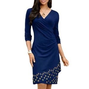 NWT EY Boutique Faux Wrap Grommet Dress Size XL Blue Long Sleeve Knee Length